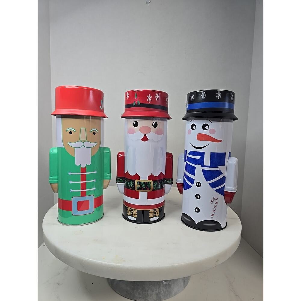 Santa Snowman & Nutcracker Candy Cookie Tin Christmas Canister Container (Empty)